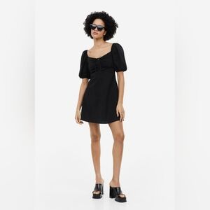 Discontinued H&M Puff-sleeved, lacing-detail Linen Blend, Black dress. XL
